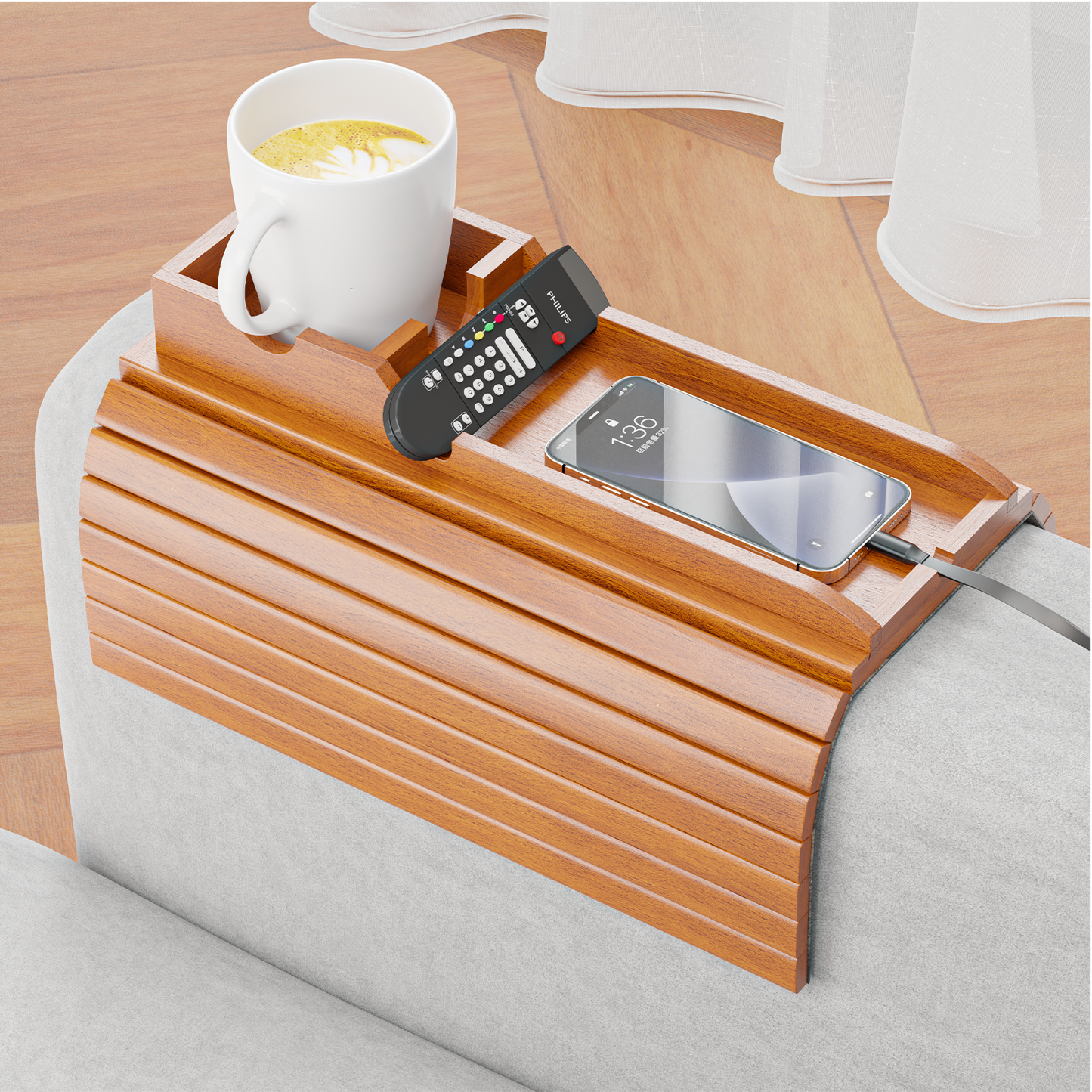 Bestjing Bamboo Sofa Armrest Tray - Couch Arm Tray with Detachable Couch Cup Holder Tray - Anti-Slip Foldable Sofa Table Tray - Cup Holder Tray for Drinks Cup Cellphone Remote Snacks