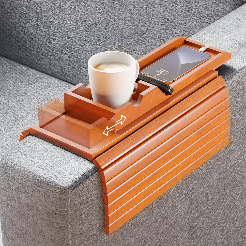 Bestjing Bamboo Sofa Armrest Tray - Couch Arm Tray with Detachable Couch Cup Holder Tray - Anti-Slip Foldable Sofa Table Tray - Cup Holder Tray for Drinks Cup Cellphone Remote Snacks