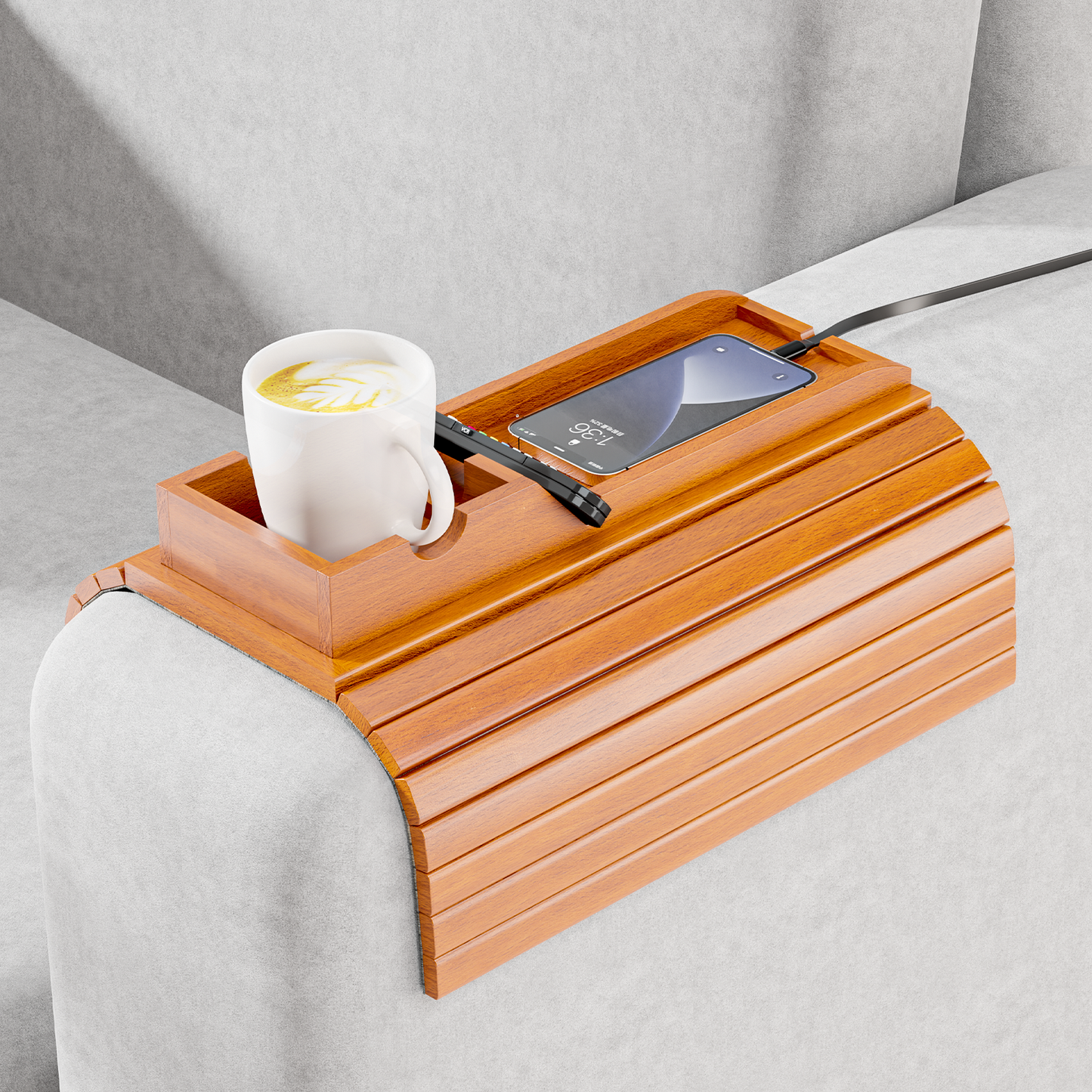 Bestjing Bamboo Sofa Armrest Tray - Couch Arm Tray with Detachable Couch Cup Holder Tray - Anti-Slip Foldable Sofa Table Tray - Cup Holder Tray for Drinks Cup Cellphone Remote Snacks