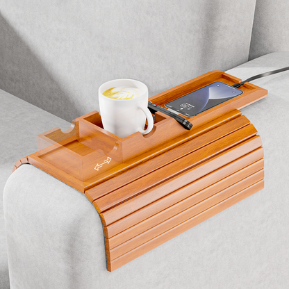 Bestjing Bamboo Sofa Armrest Tray - Couch Arm Tray with Detachable Couch Cup Holder Tray - Anti-Slip Foldable Sofa Table Tray - Cup Holder Tray for Drinks Cup Cellphone Remote Snacks