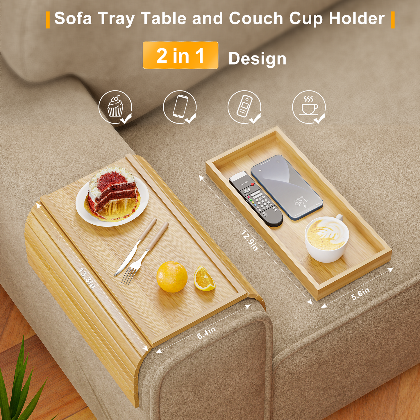 Bestjing Bamboo Sofa Armrest Tray Table for Couch - 2-in-1 Couch Arm Table Tray with Be Slide Detachable Tray - Anti-Slip Foldable Armchair Table Tray for Drinks Cup Cellphone Remote Snacks