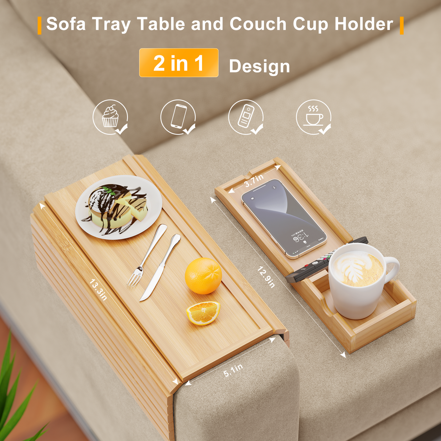 Bestjing Bamboo Sofa Armrest Tray - Couch Arm Tray with Detachable Couch Cup Holder Tray - Anti-Slip Foldable Sofa Table Tray - Cup Holder Tray for Drinks Cup Cellphone Remote Snacks