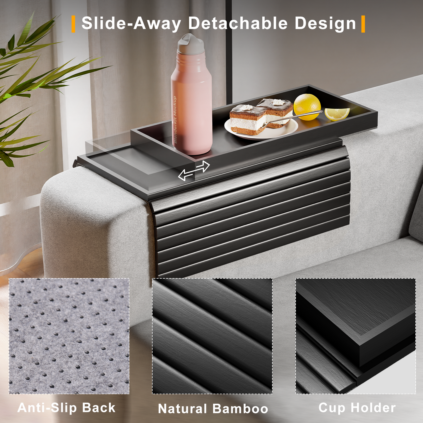 Bestjing Bamboo Sofa Armrest Tray Table for Couch - 2-in-1 Couch Arm Table Tray with Be Slide Detachable Tray - Anti-Slip Foldable Armchair Table Tray for Drinks Cup Cellphone Remote Snacks