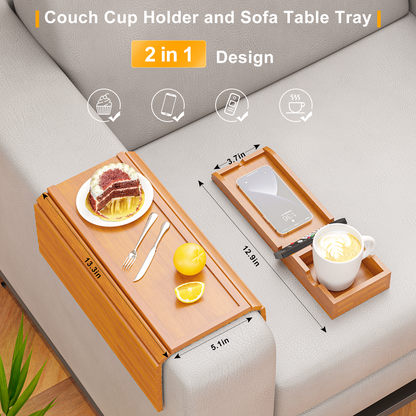 Bestjing Bamboo Sofa Armrest Tray - Couch Arm Tray with Detachable Couch Cup Holder Tray - Anti-Slip Foldable Sofa Table Tray - Cup Holder Tray for Drinks Cup Cellphone Remote Snacks