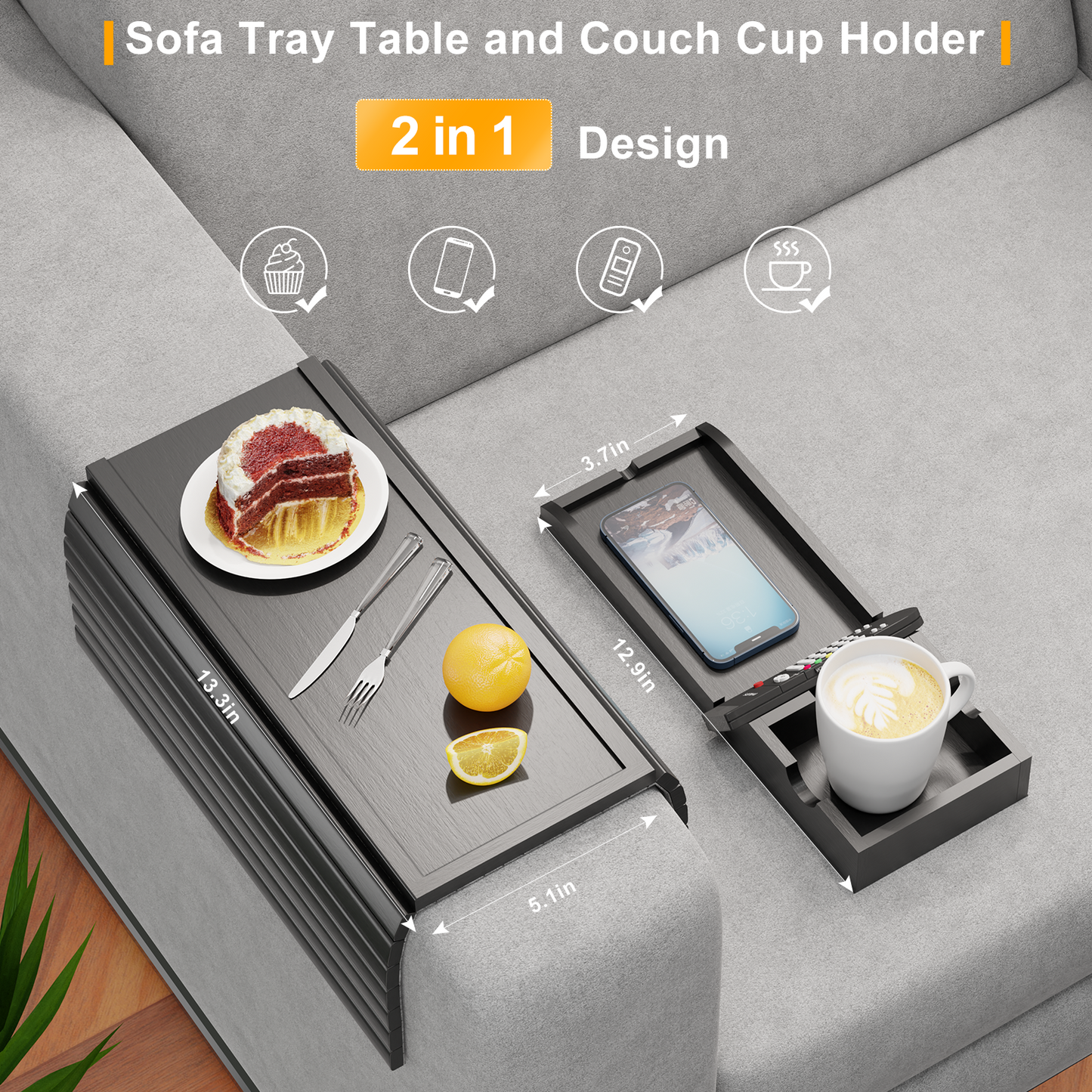 Bestjing Bamboo Sofa Armrest Tray - Couch Arm Tray with Detachable Couch Cup Holder Tray - Anti-Slip Foldable Sofa Table Tray - Cup Holder Tray for Drinks Cup Cellphone Remote Snacks