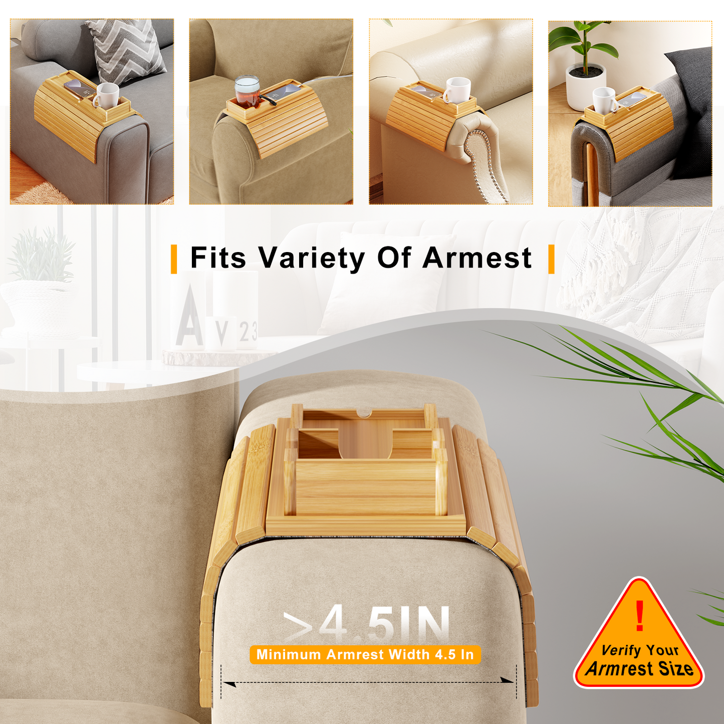 Bestjing Bamboo Sofa Armrest Tray - Couch Arm Tray with Detachable Couch Cup Holder Tray - Anti-Slip Foldable Sofa Table Tray - Cup Holder Tray for Drinks Cup Cellphone Remote Snacks