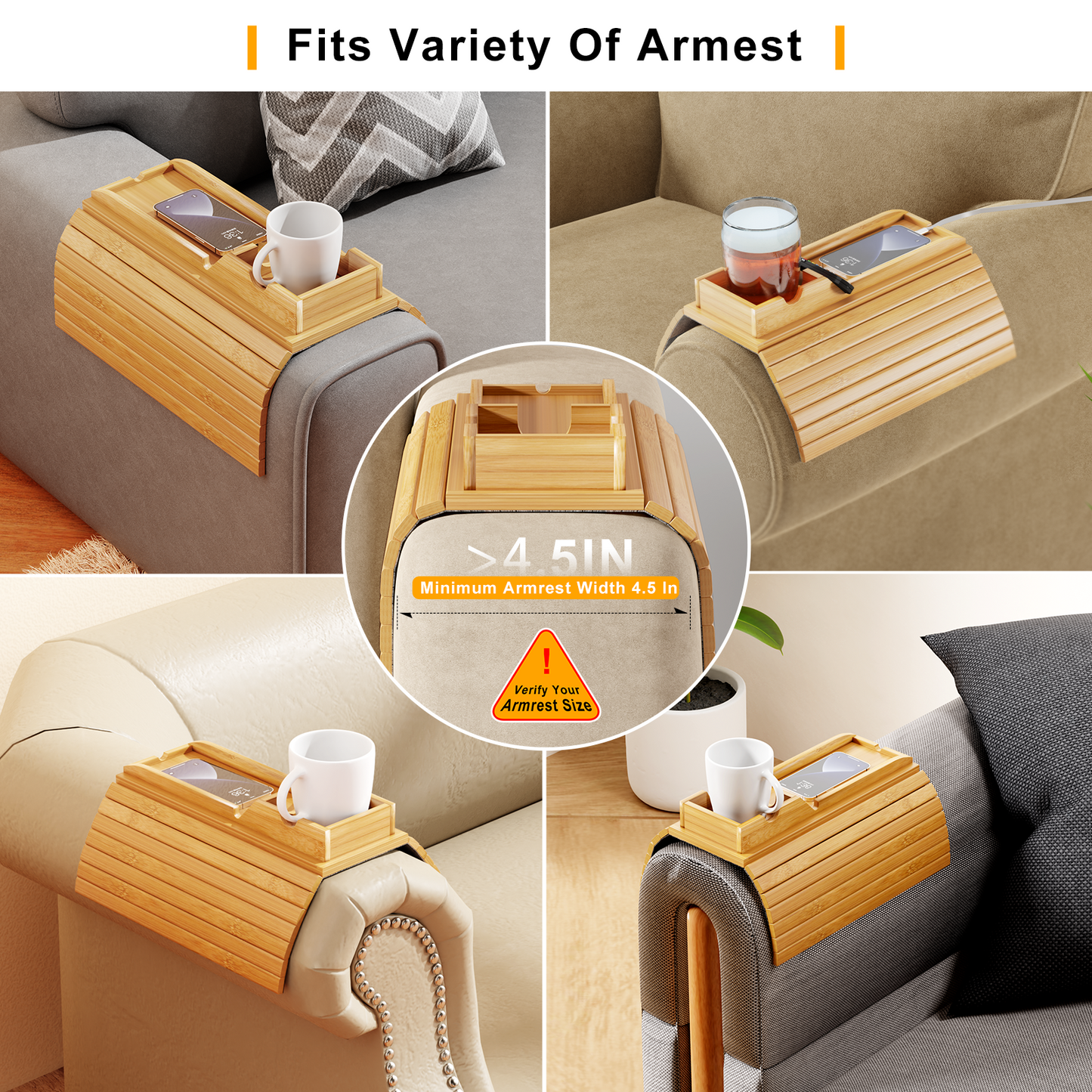 Bestjing Bamboo Sofa Armrest Tray - Couch Arm Tray with Detachable Couch Cup Holder Tray - Anti-Slip Foldable Sofa Table Tray - Cup Holder Tray for Drinks Cup Cellphone Remote Snacks