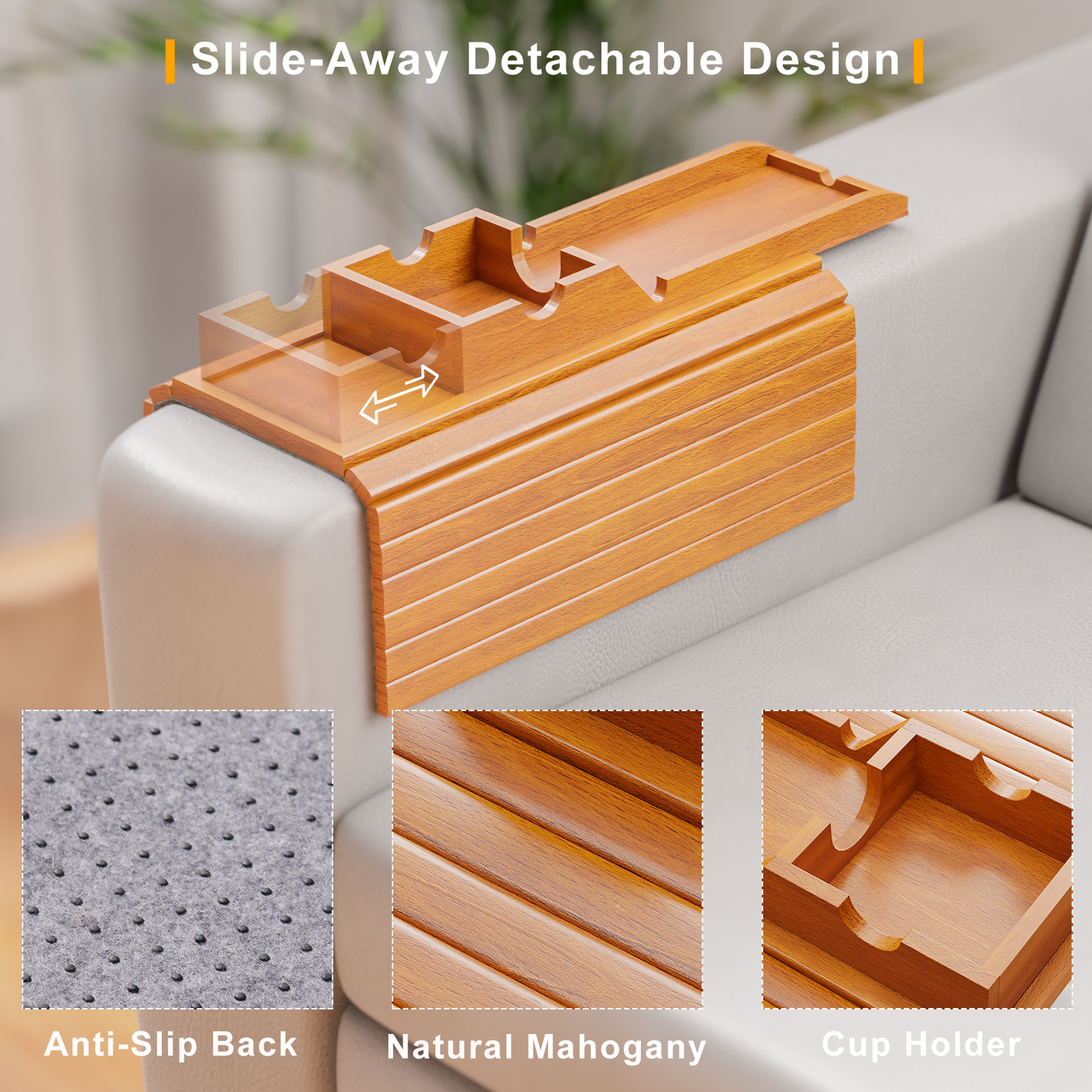 Bestjing Bamboo Sofa Armrest Tray - Couch Arm Tray with Detachable Couch Cup Holder Tray - Anti-Slip Foldable Sofa Table Tray - Cup Holder Tray for Drinks Cup Cellphone Remote Snacks