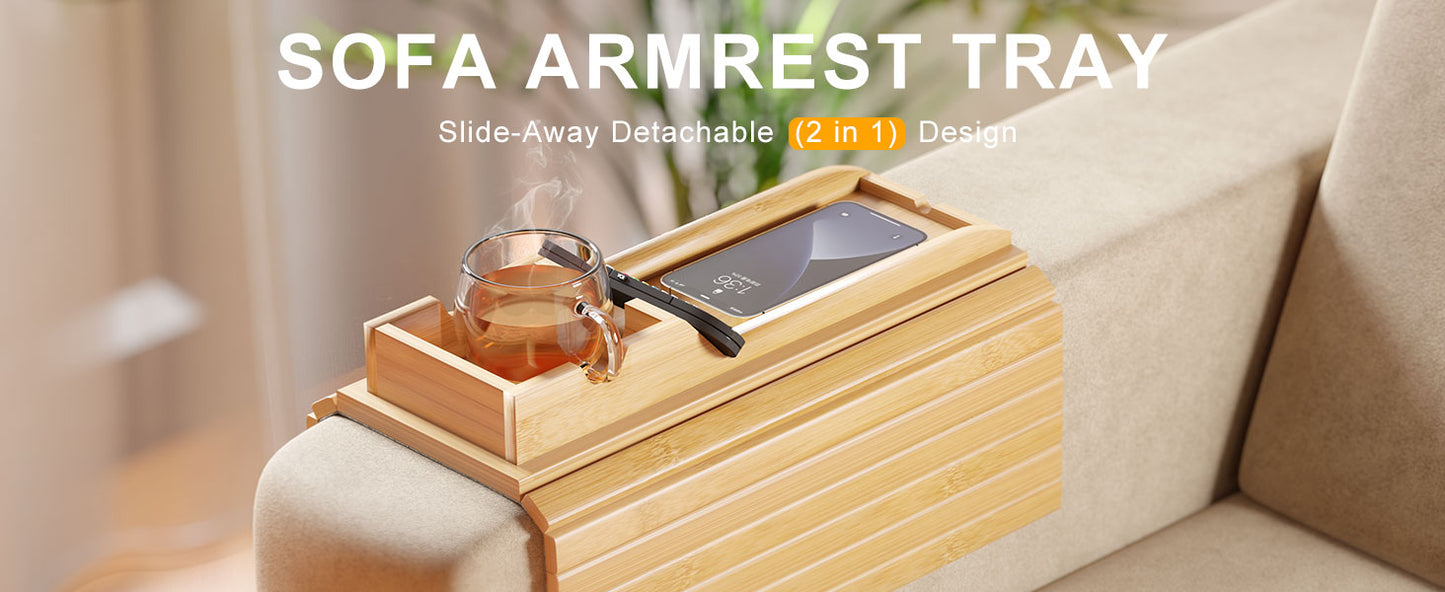 Bestjing Bamboo Sofa Armrest Tray - Couch Arm Tray with Detachable Couch Cup Holder Tray - Anti-Slip Foldable Sofa Table Tray - Cup Holder Tray for Drinks Cup Cellphone Remote Snacks