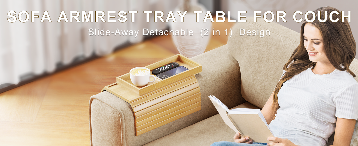 Bestjing Bamboo Sofa Armrest Tray Table for Couch - 2-in-1 Couch Arm Table Tray with Be Slide Detachable Tray - Anti-Slip Foldable Armchair Table Tray for Drinks Cup Cellphone Remote Snacks