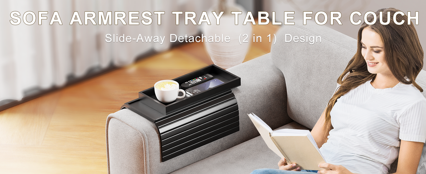 Bestjing Bamboo Sofa Armrest Tray Table for Couch - 2-in-1 Couch Arm Table Tray with Be Slide Detachable Tray - Anti-Slip Foldable Armchair Table Tray for Drinks Cup Cellphone Remote Snacks