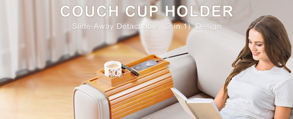 Bestjing Bamboo Sofa Armrest Tray - Couch Arm Tray with Detachable Couch Cup Holder Tray - Anti-Slip Foldable Sofa Table Tray - Cup Holder Tray for Drinks Cup Cellphone Remote Snacks