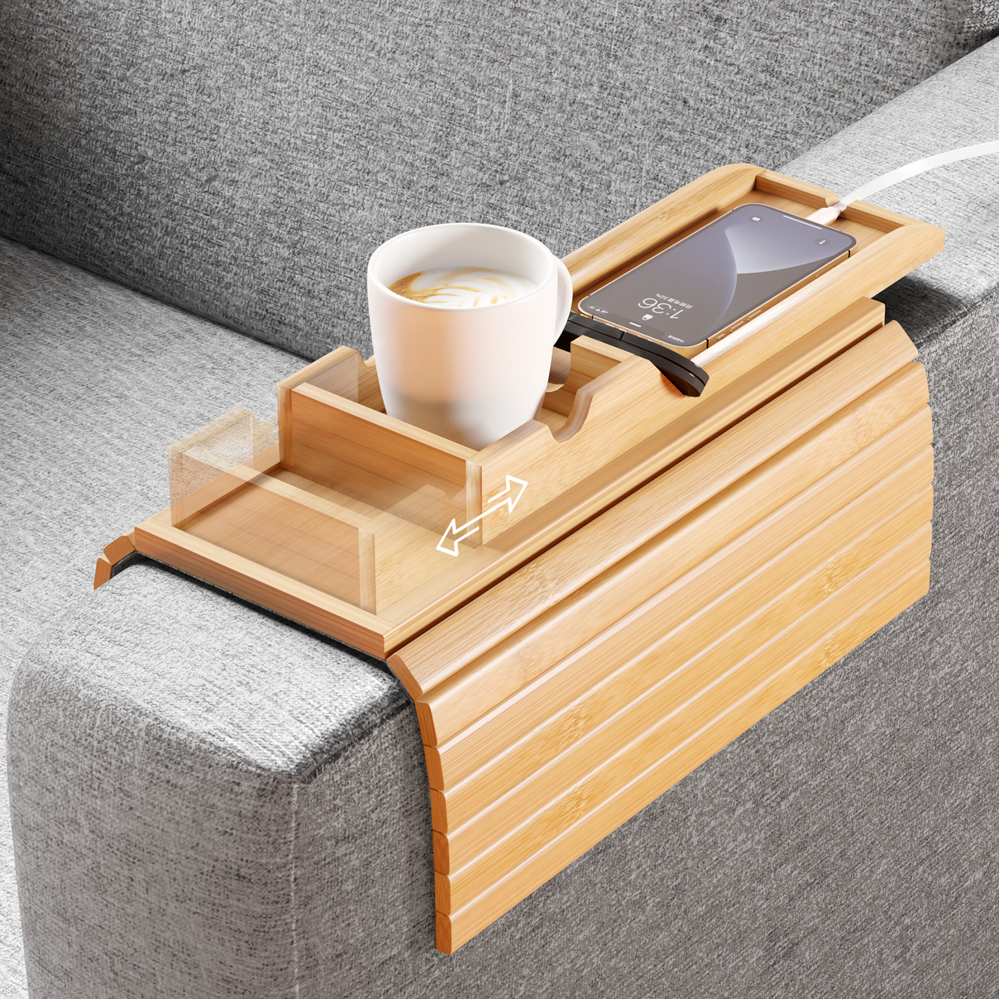 Bestjing Bamboo Sofa Armrest Tray - Couch Arm Tray with Detachable Couch Cup Holder Tray - Anti-Slip Foldable Sofa Table Tray - Cup Holder Tray for Drinks Cup Cellphone Remote Snacks